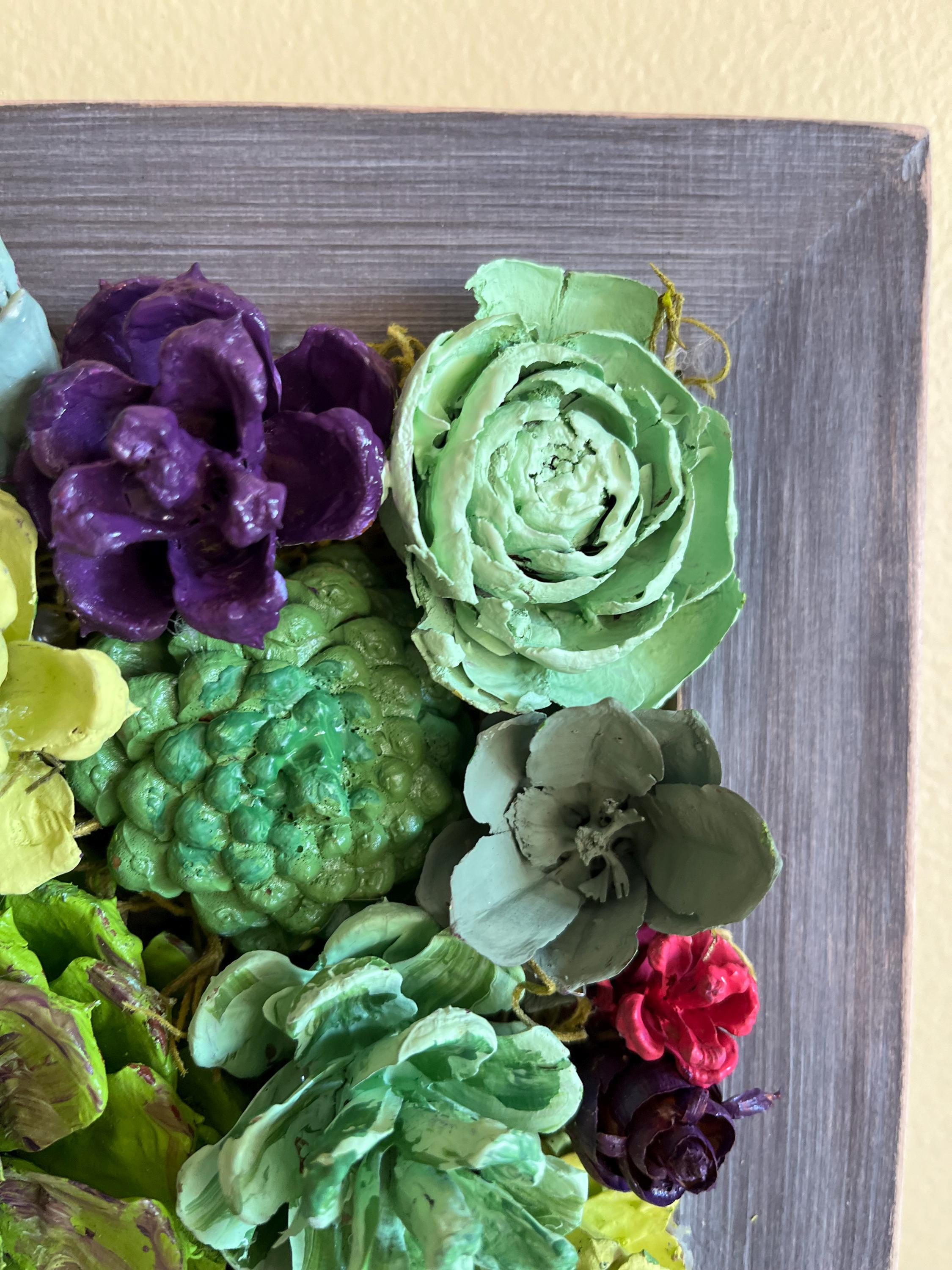 Wall Hanging Wall Art - Original Natural Hand Painted Pine Cone Flowers Succulent Garden - Ready to hang on your wall