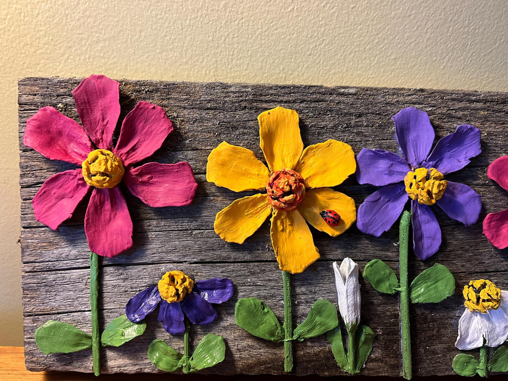 Pine Cone Wall Hanging Zinnia Spring Flower Garden on Rustic Barnwood Ready to Hang its a beauty!