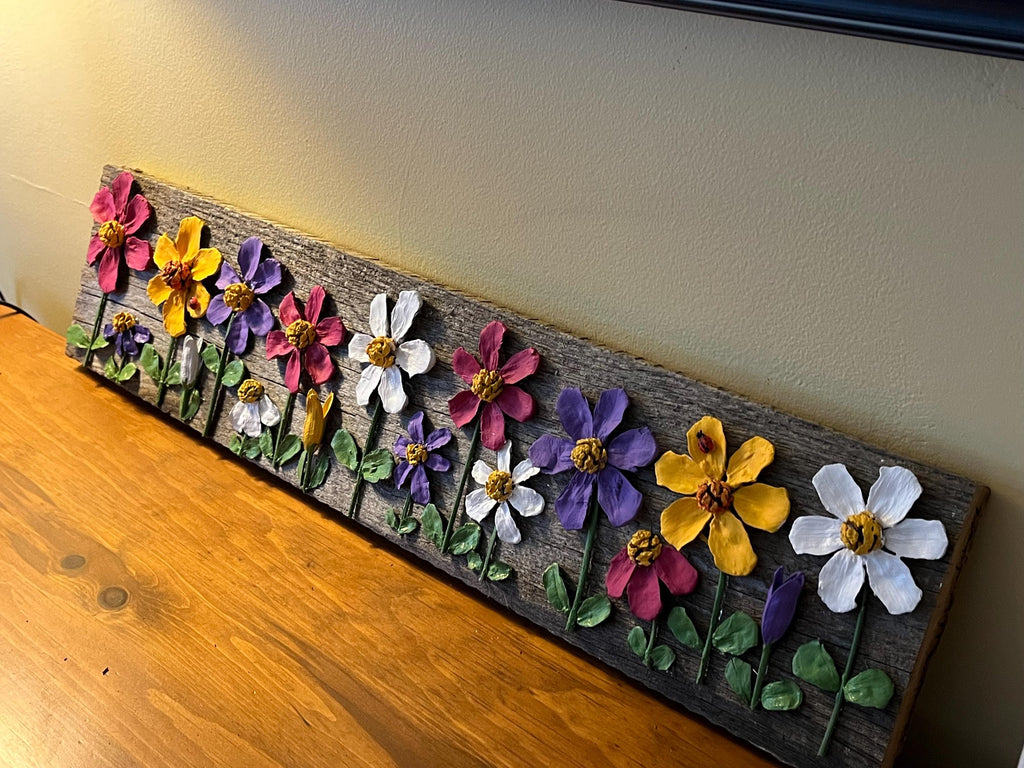 Pine Cone Wall Hanging Zinnia Spring Flower Garden on Rustic Barnwood Ready to Hang its a beauty!