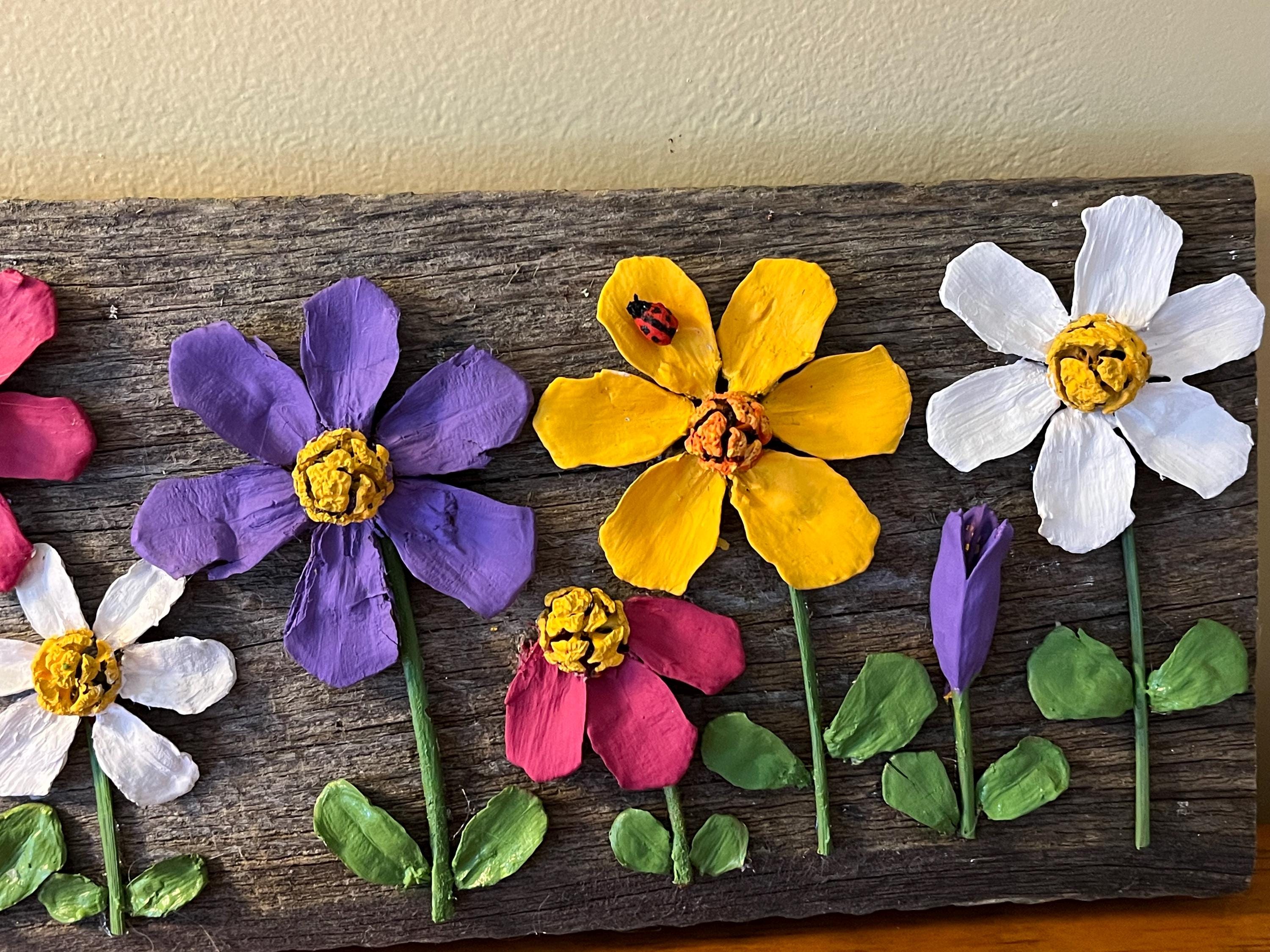 Pine Cone Wall Hanging Zinnia Spring Flower Garden on Rustic Barnwood Ready to Hang its a beauty!