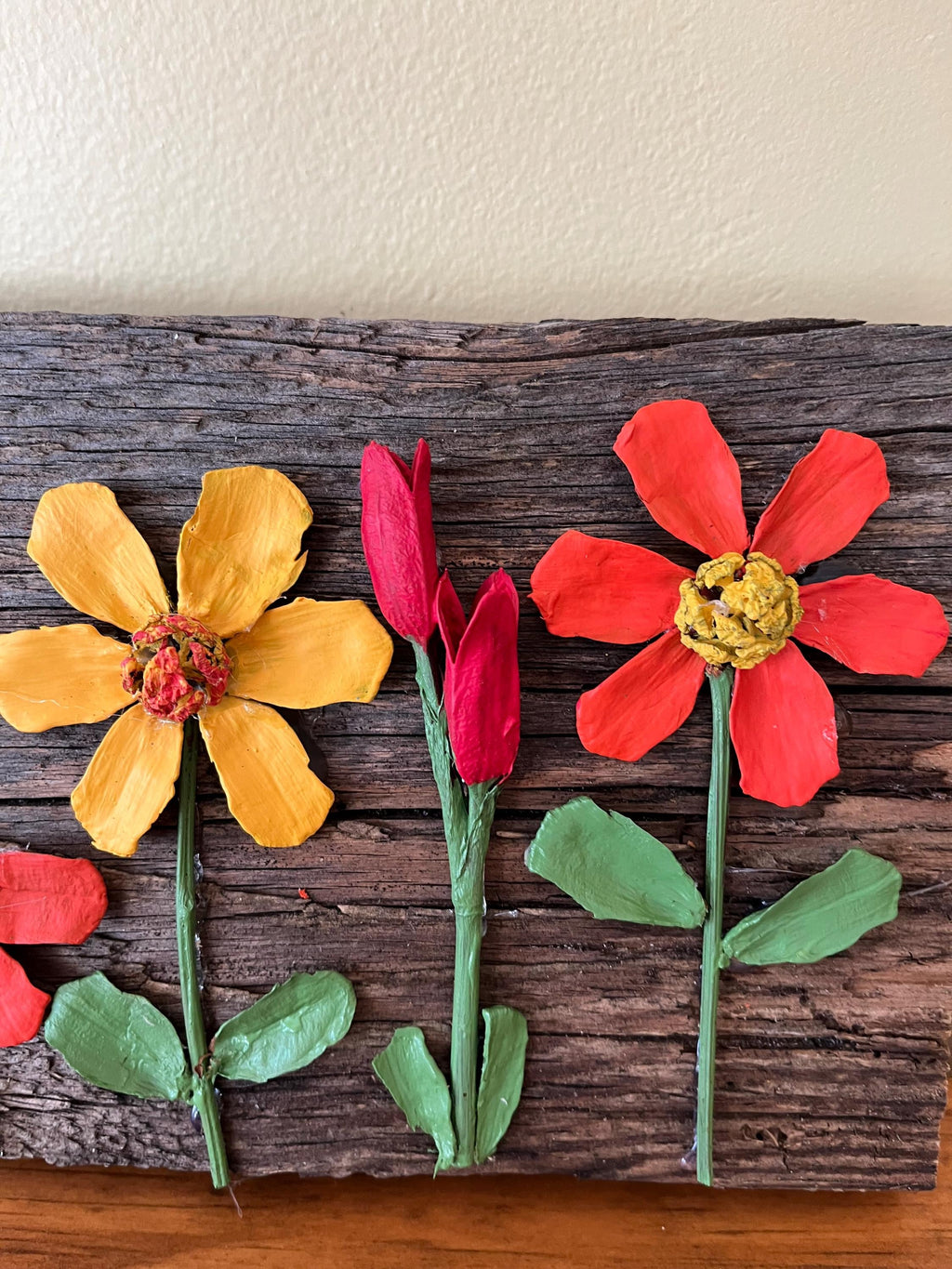 Wall Art Painted Pine Cone Flowers - Vivid Summer Colors Red, Yellow and White