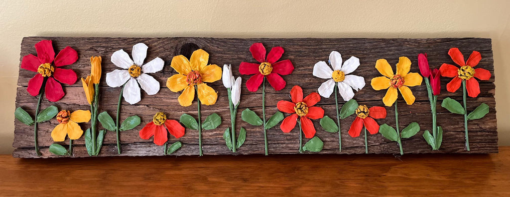 Wall Art Painted Pine Cone Flowers - Vivid Summer Colors Red, Yellow and White