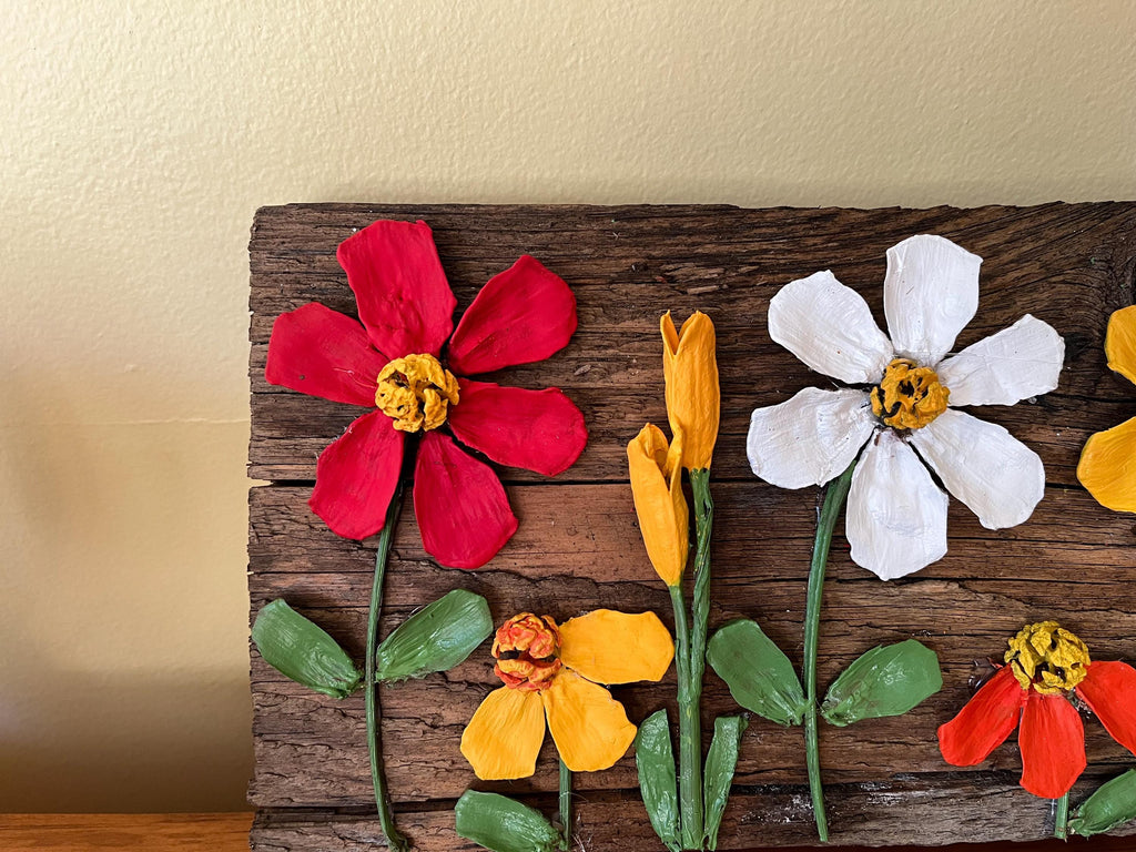 Wall Art Painted Pine Cone Flowers - Vivid Summer Colors Red, Yellow and White
