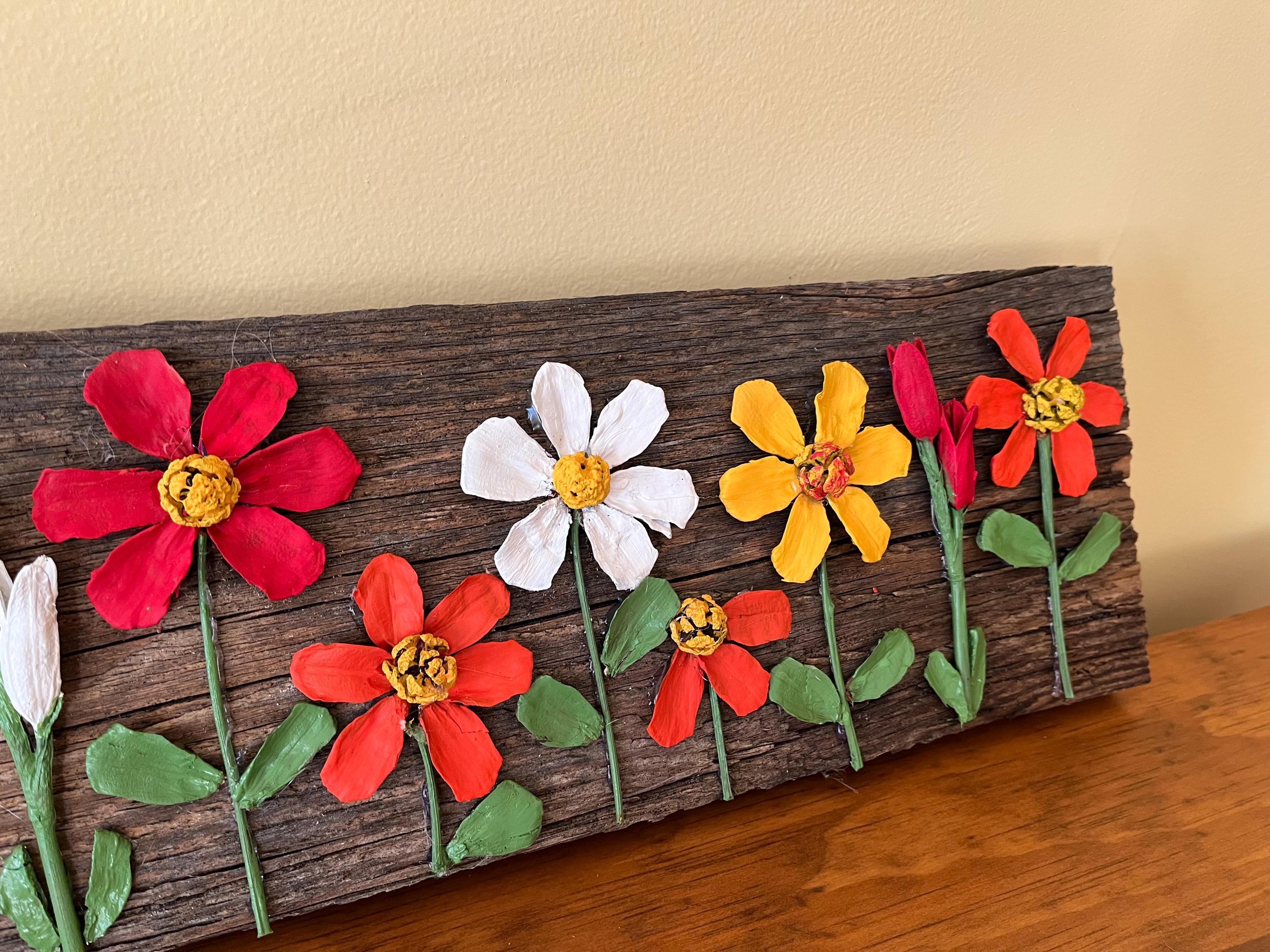 Wall Art Painted Pine Cone Flowers - Vivid Summer Colors Red, Yellow and White
