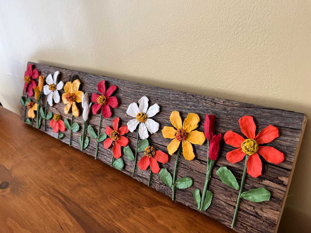 Wall Art Painted Pine Cone Flowers - Vivid Summer Colors Red, Yellow and White