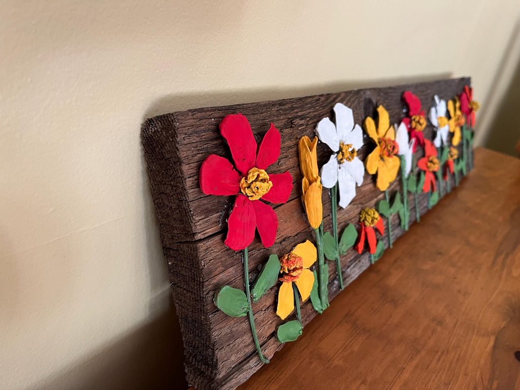 Wall Art Painted Pine Cone Flowers - Vivid Summer Colors Red, Yellow and White