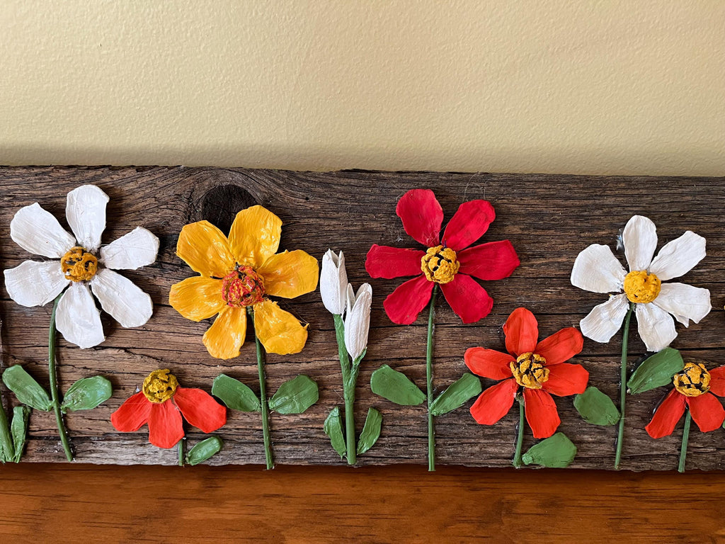 Wall Art Painted Pine Cone Flowers - Vivid Summer Colors Red, Yellow and White