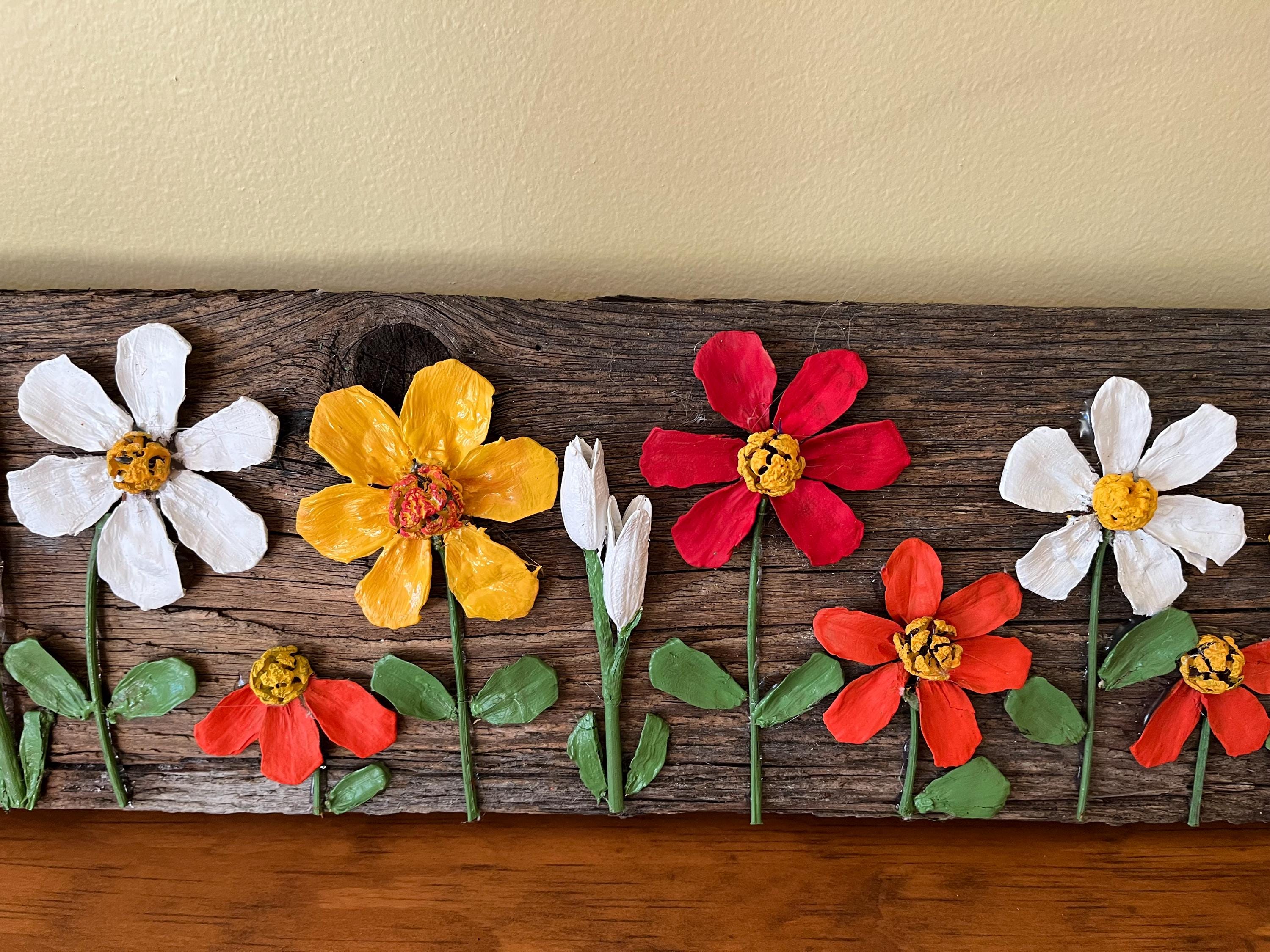 Wall Art Painted Pine Cone Flowers - Vivid Summer Colors Red, Yellow and White