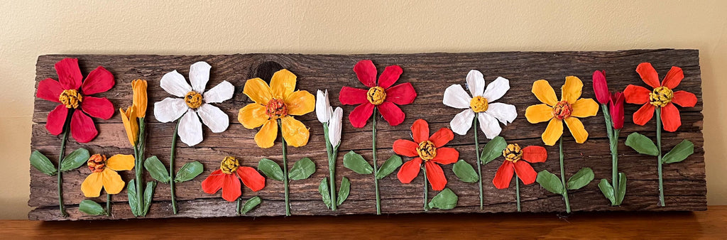 Wall Art Painted Pine Cone Flowers - Vivid Summer Colors Red, Yellow and White