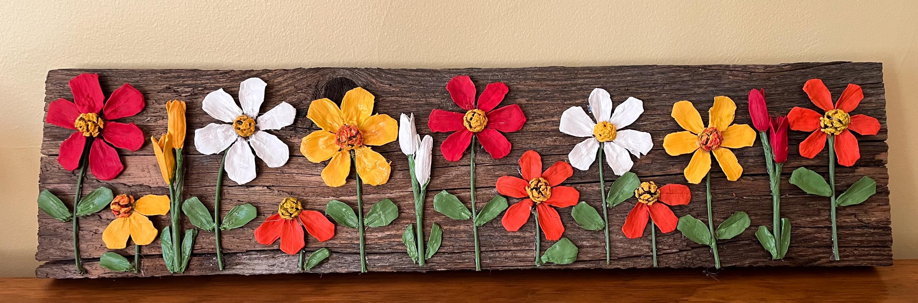Wall Art Painted Pine Cone Flowers - Vivid Summer Colors Red, Yellow and White