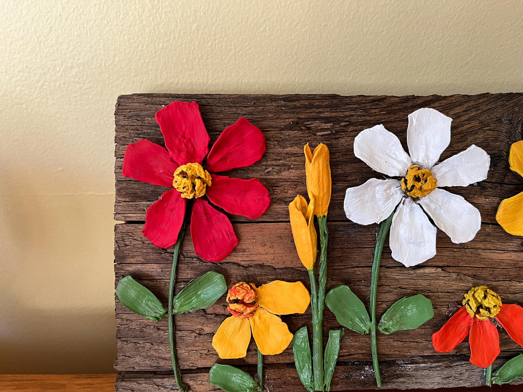Wall Art Painted Pine Cone Flowers - Vivid Summer Colors Red, Yellow and White