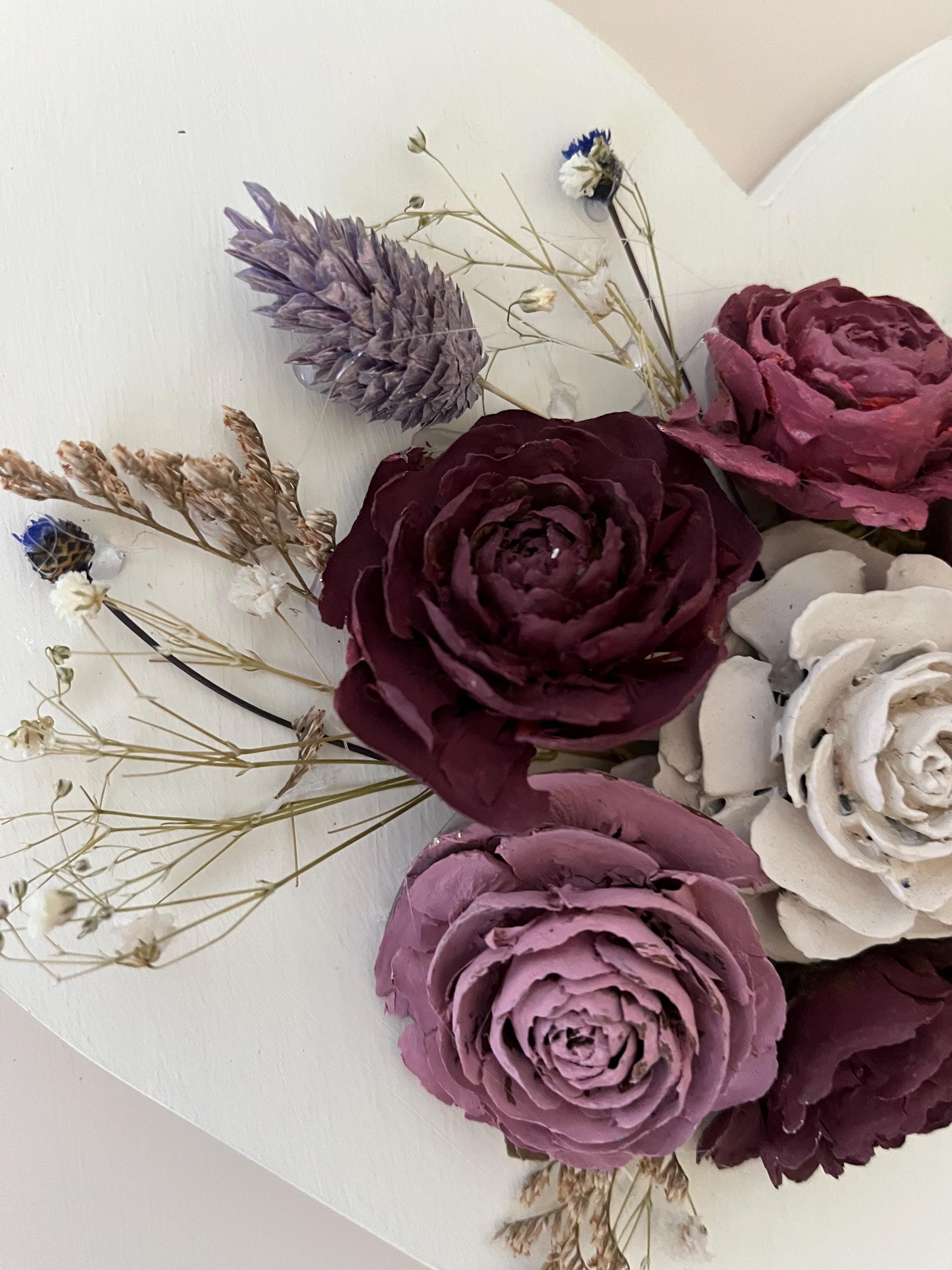 Pine Cone Wall Hanging - Handmade Heart Shaped Floral painted in Burgundy, Dusty Rose, Antique White - Rustic Country Farmhouse Style