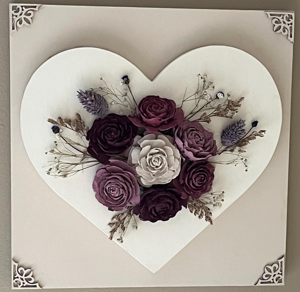 Pine Cone Wall Hanging - Handmade Heart Shaped Floral painted in Burgundy, Dusty Rose, Antique White - Rustic Country Farmhouse Style