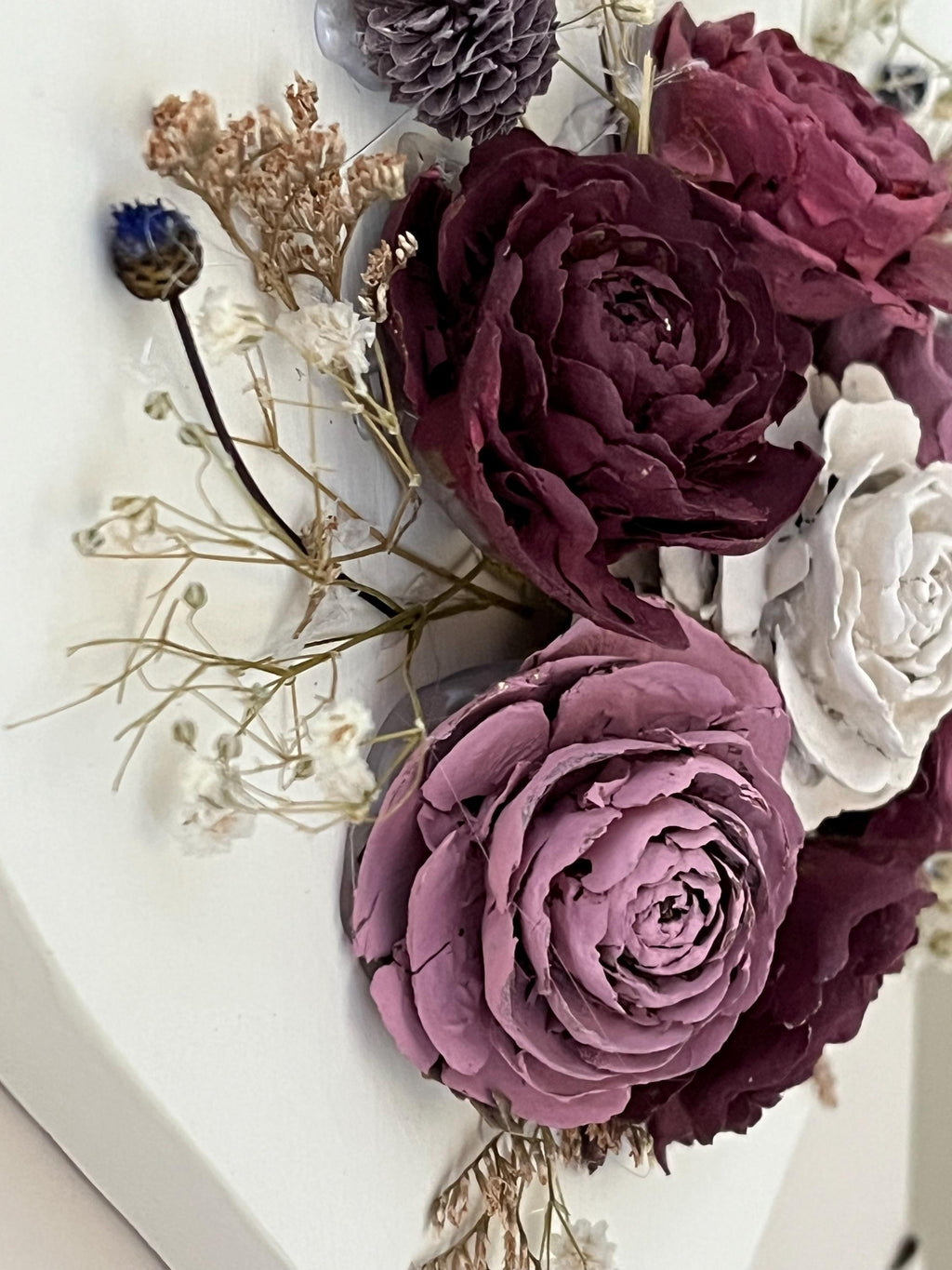 Pine Cone Wall Hanging - Handmade Heart Shaped Floral painted in Burgundy, Dusty Rose, Antique White - Rustic Country Farmhouse Style