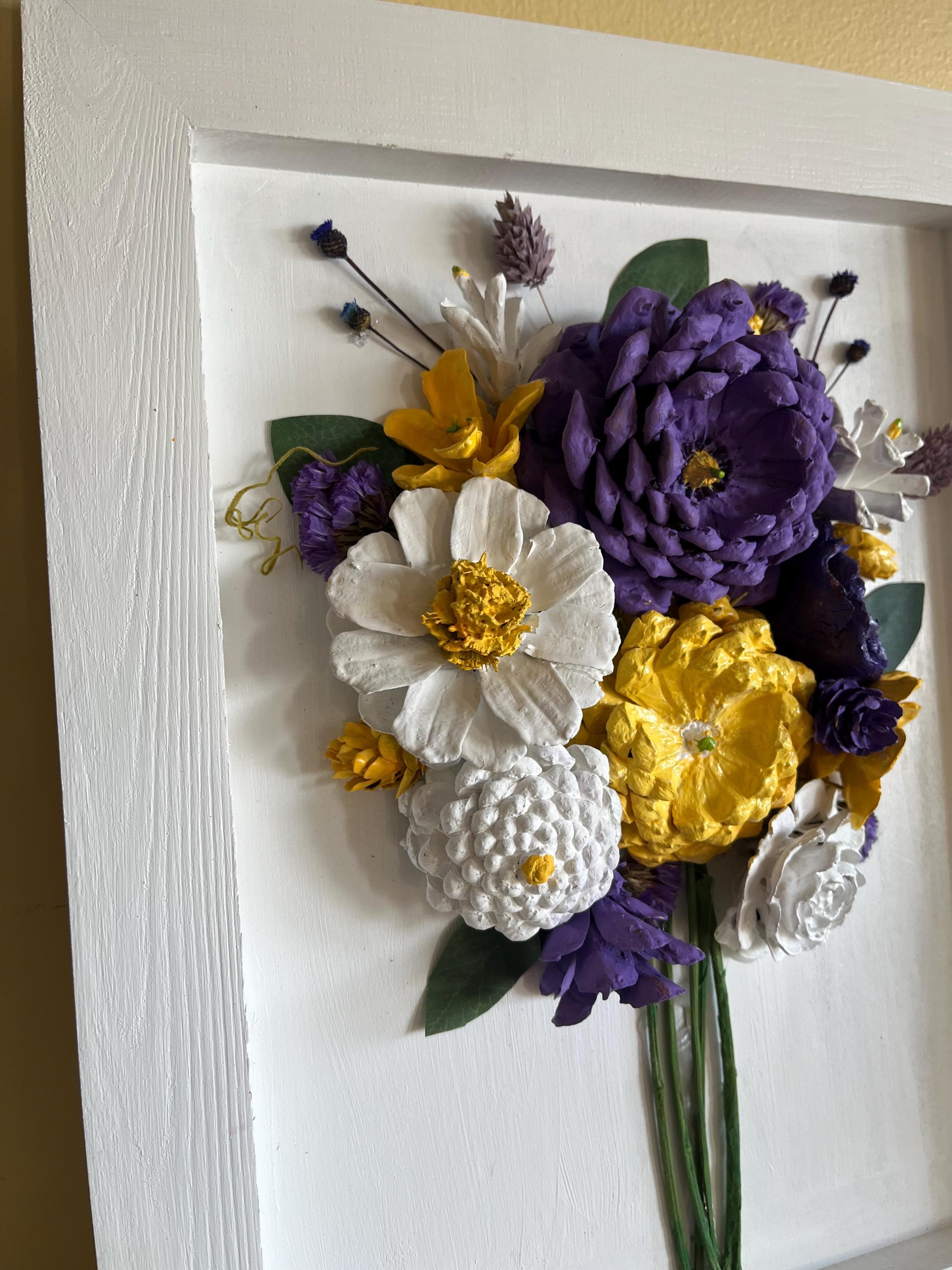 Wall Hanging Framed -Pine cone flowers hand painted in a beautiful, colorful bouquet