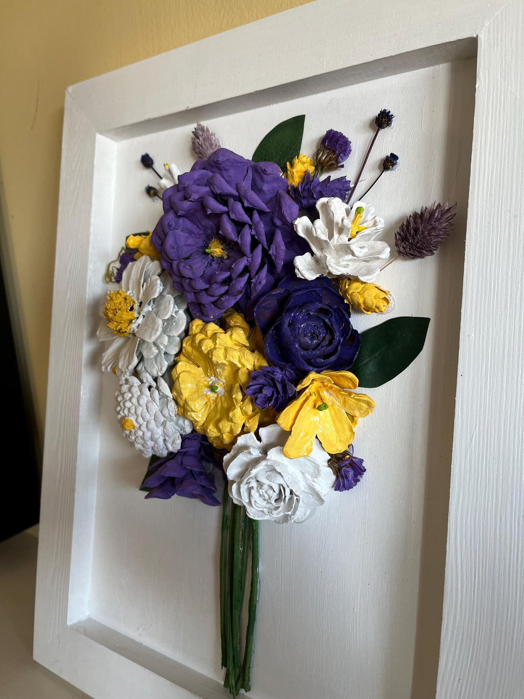 Wall Hanging Framed -Pine cone flowers hand painted in a beautiful, colorful bouquet