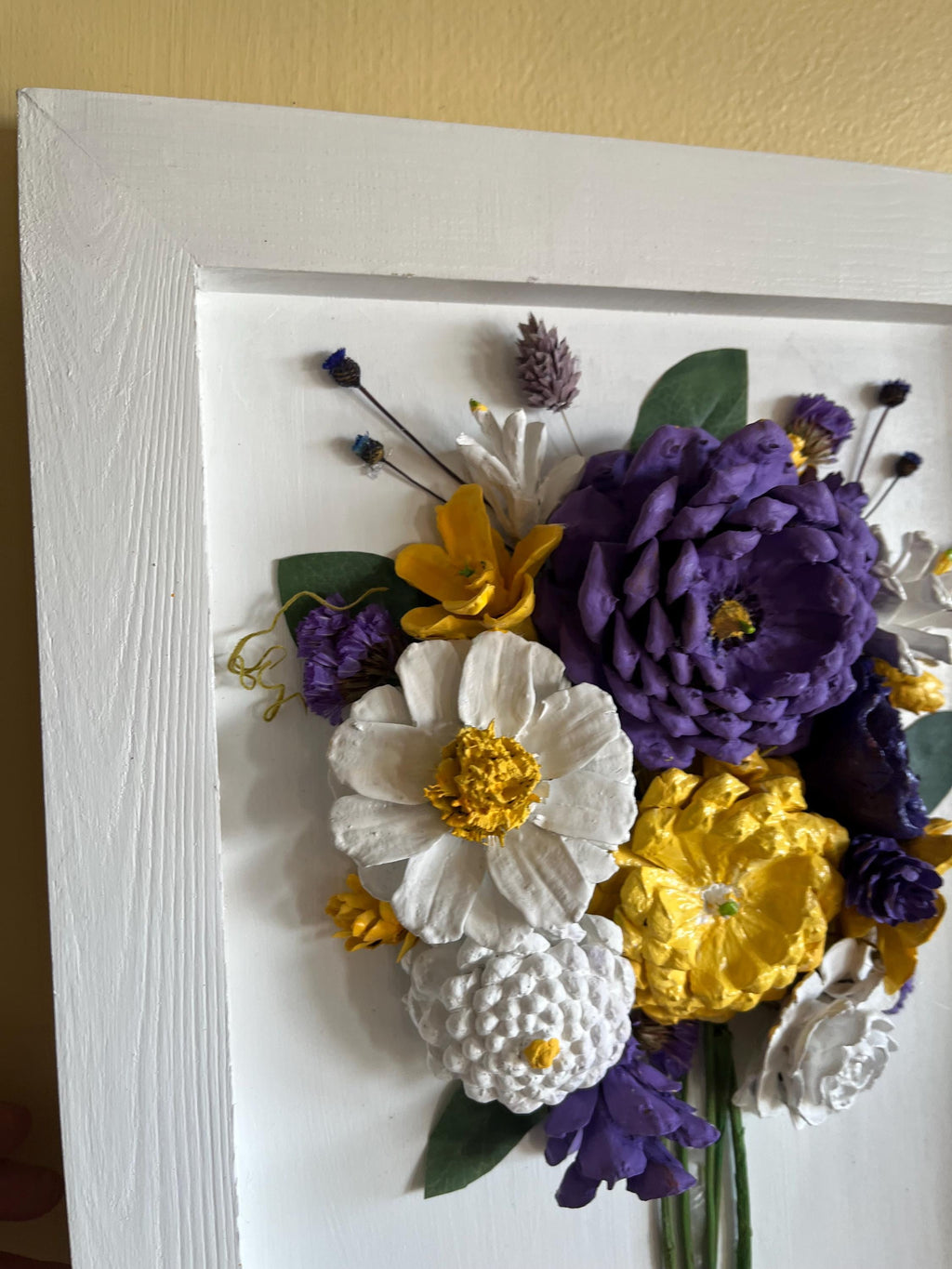Wall Hanging Framed -Pine cone flowers hand painted in a beautiful, colorful bouquet
