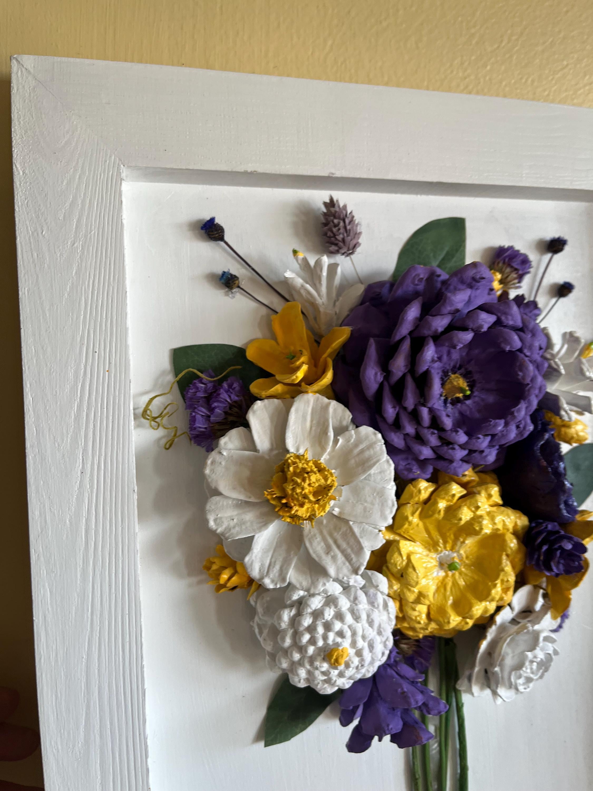 Wall Hanging Framed -Pine cone flowers hand painted in a beautiful, colorful bouquet