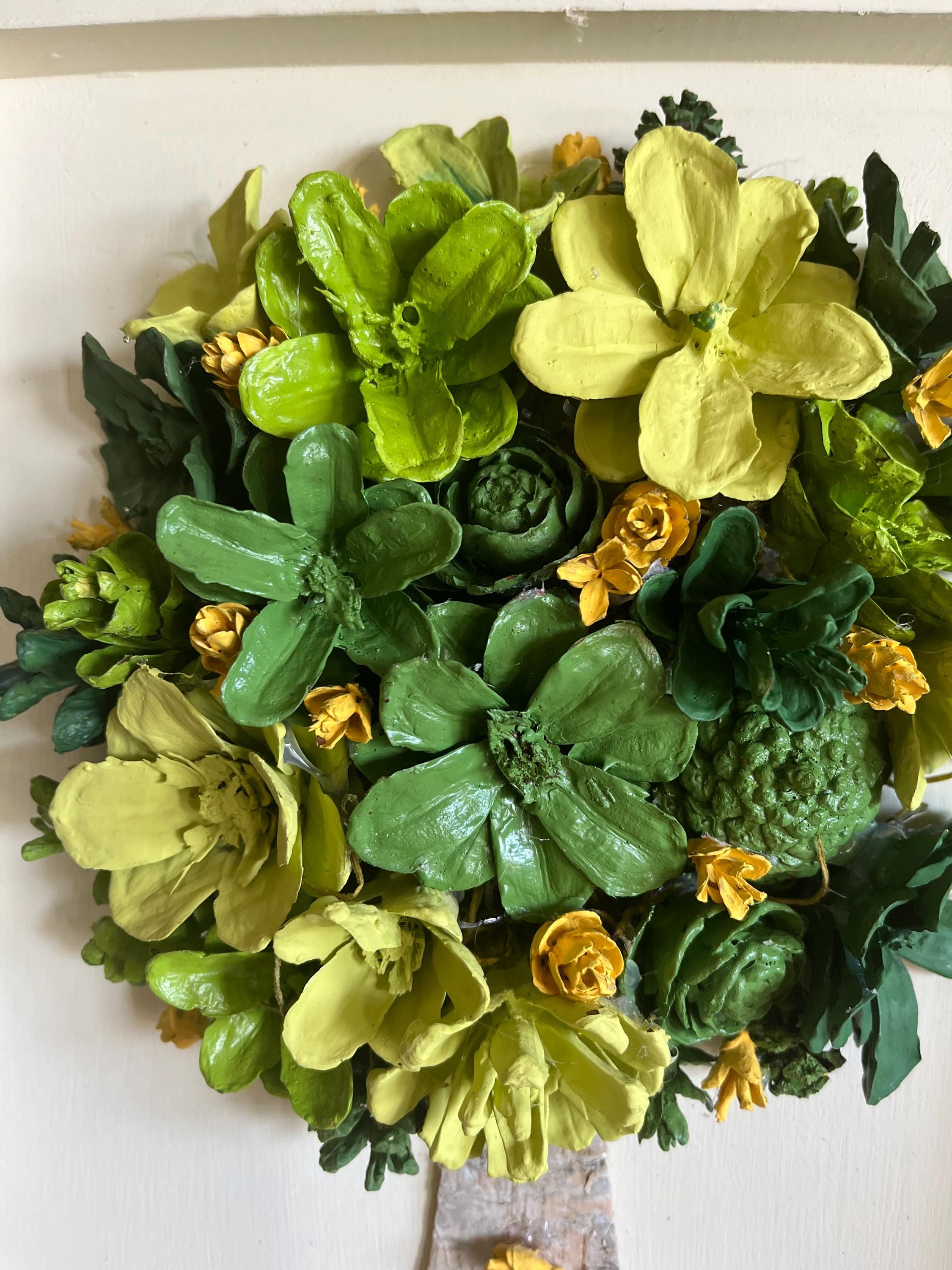 Wall Hanging Hand Painted Pine Cones Tree with in shades of green with yellow flowers - frame is cream colored and is real wood