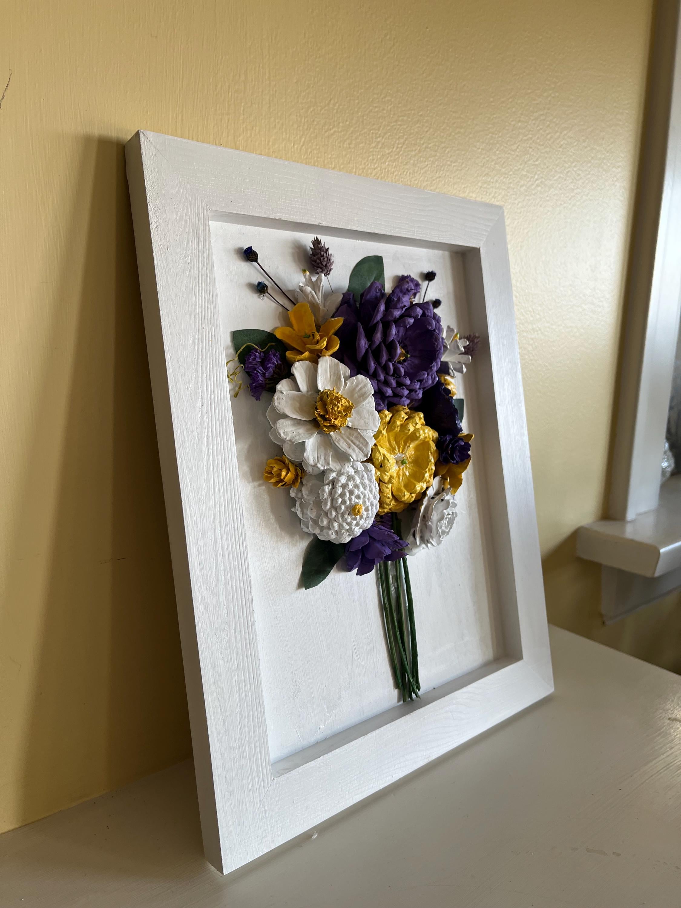 Wall Hanging Framed -Pine cone flowers hand painted in a beautiful, colorful bouquet
