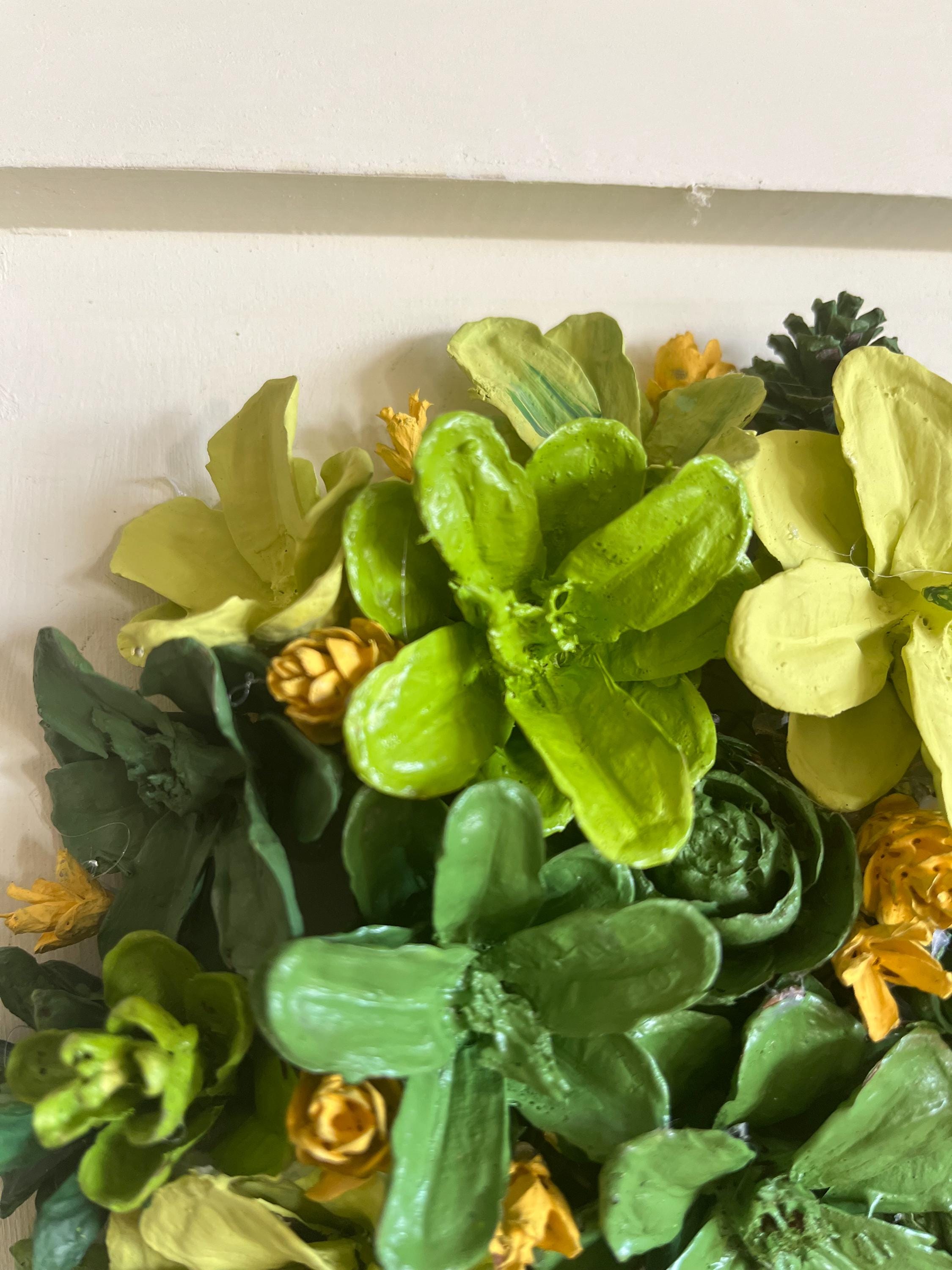 Wall Hanging Hand Painted Pine Cones Tree with in shades of green with yellow flowers - frame is cream colored and is real wood